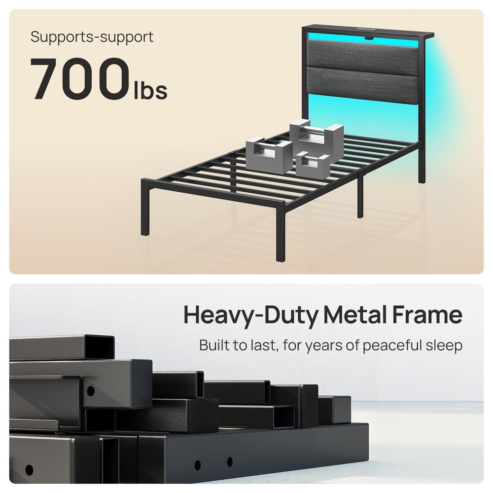 Seventable Twin Bed Frame with Upholstered Storage Headboard, Charging Statio...