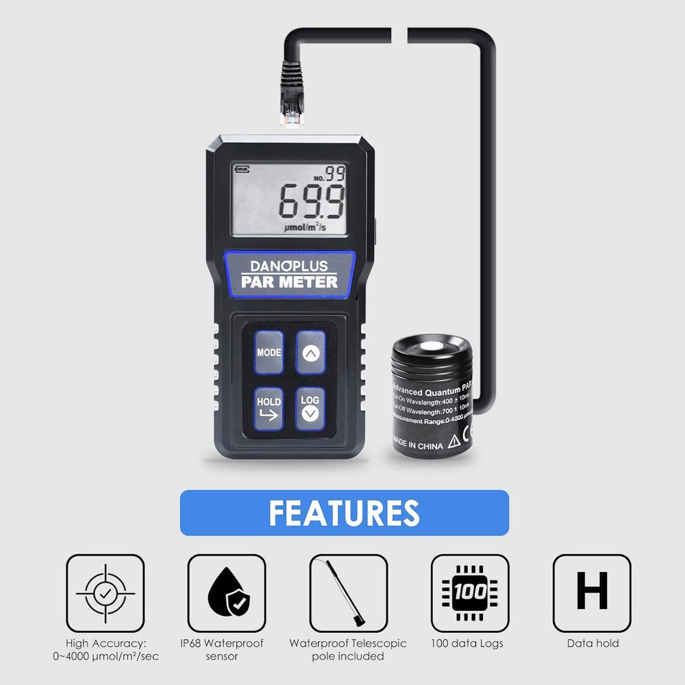 PAR Meter Waterproof IP68 Quantum Sensor PPFD Meter Data Logger for Reef Tank