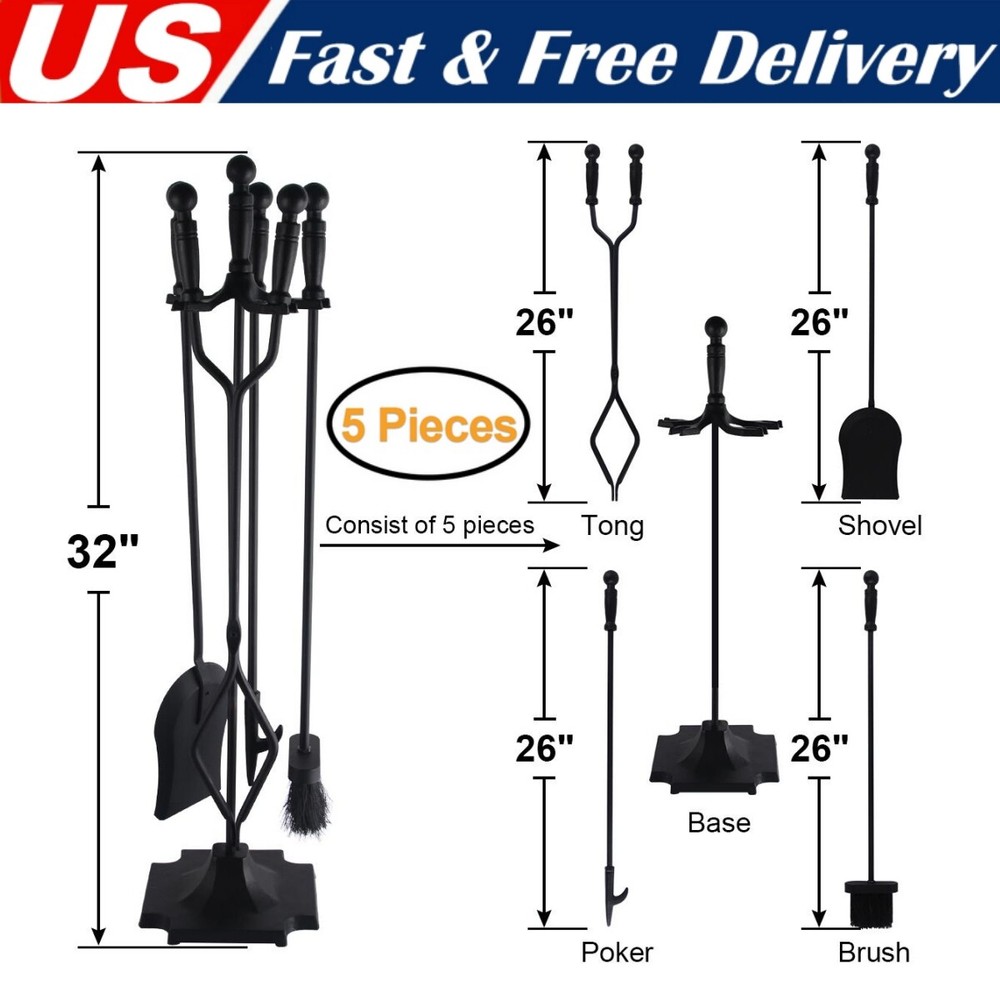 5Pcs Fireplace Tools Set Wrought Iron Fire Place Accessories Tools with Handles