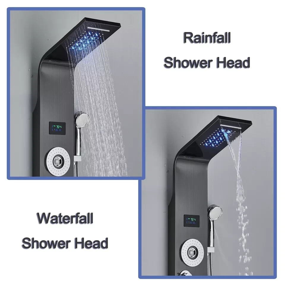 Stainless Steel Shower Panel Tower System LED Rainfall&Waterfall Massage Body
