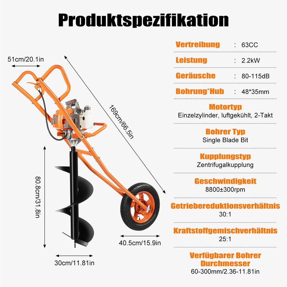 63CC 3HP 2-Stroke Digger Ground Auger Post Hole Drilling Borer Machine & 11" Bit