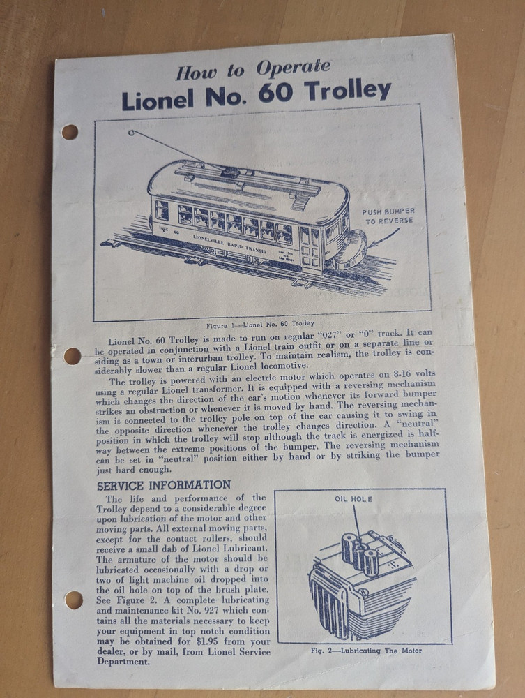 Lionel #60 Trolley Postwar Original Instruction Sheet