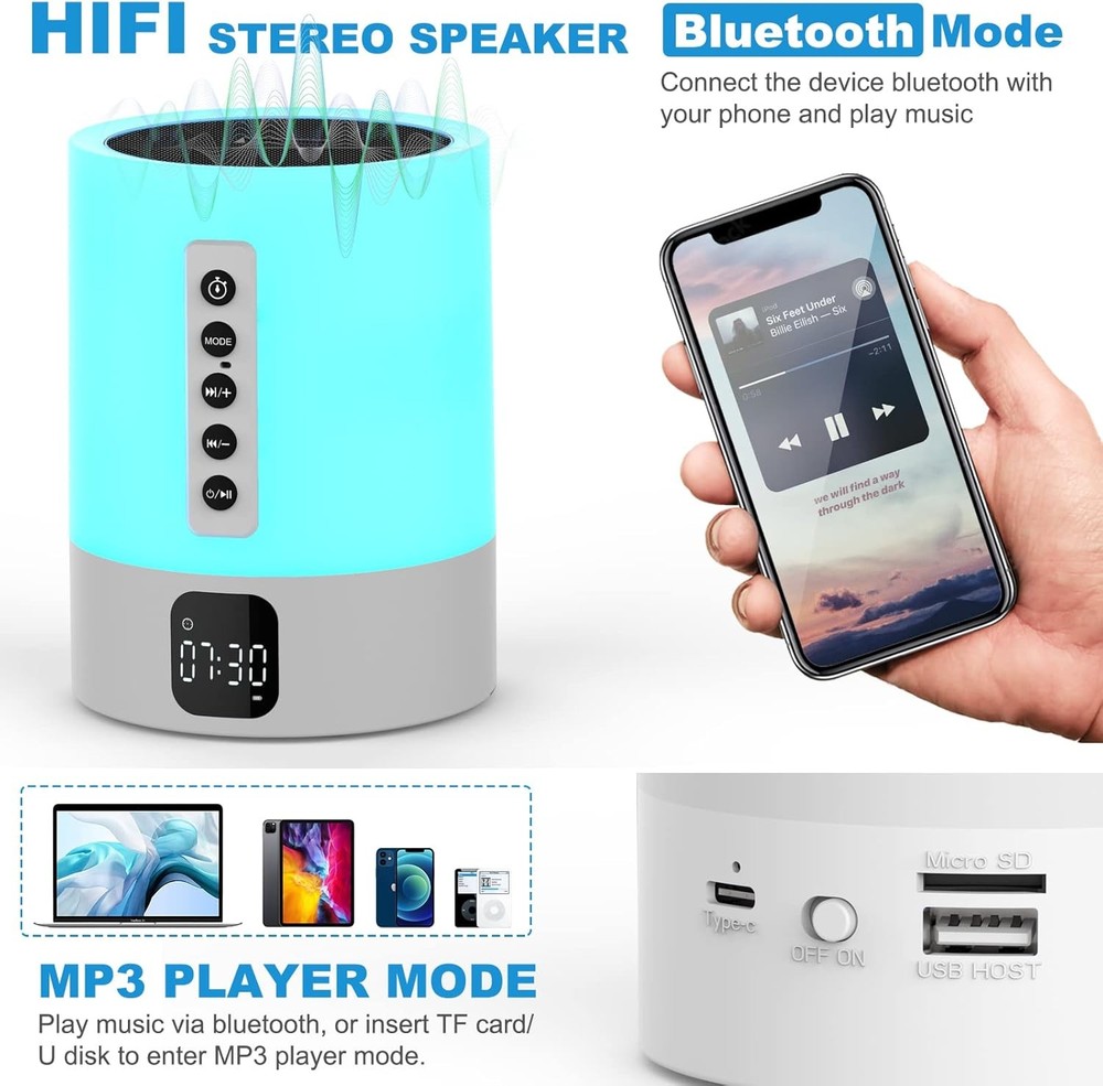 Night Light Bluetooth Speaker Alarm Clock, Sound Machine with White