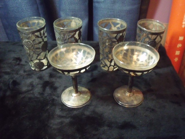 4 Vtg Mexican Filigree Medium Glass Sterling Silver Openwork Rose Pattern 5"+++