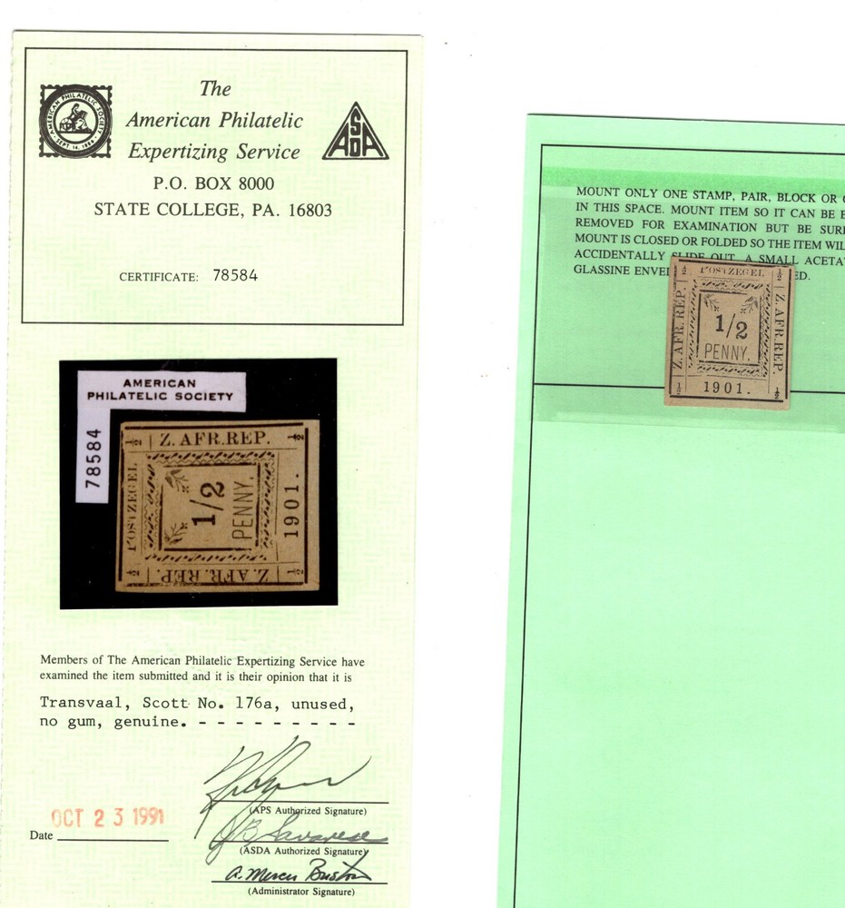 Transvaal   176a   stamp   unused   certificate