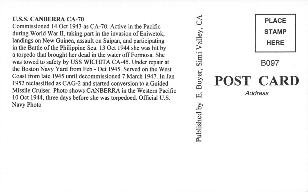Postcard USS Canberra CA-70