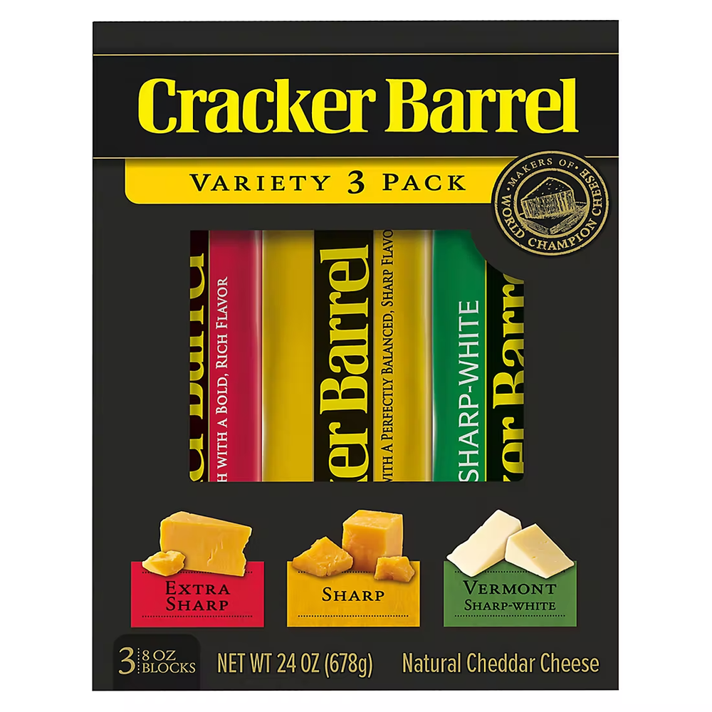 Cracker Barrel Cheddar Cheese Variety 3 pk.-8 oz. ea. -sharp x-sharp, VT sharp