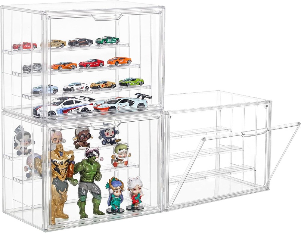 Adjustable Acrylic Display Case 3 Pack, 4-Layer, Magnetic Door, Stackable, Hobby