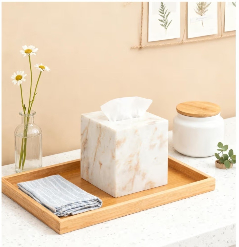 Marble Tissue Box Cover, White with Gold Texture