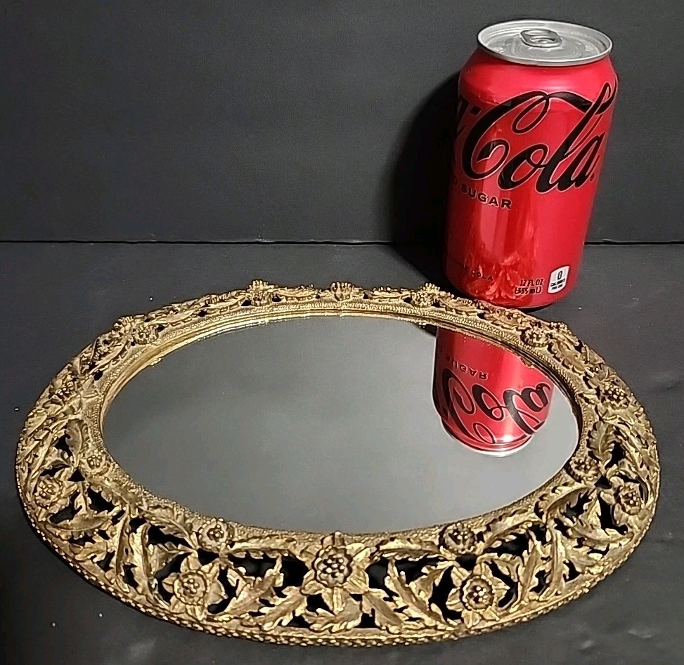 Sam Fink Mirror Vanity Tray Ormolu Filgree Signed Hard2Find  9" Long Please READ