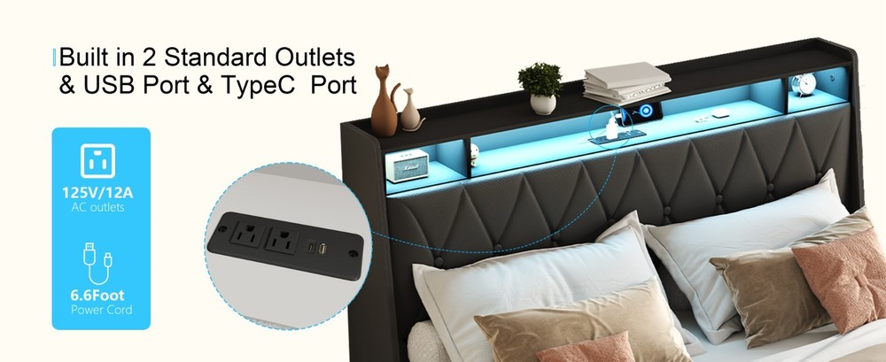 Queen Bed Frame - Ergonomic Headboard, Outlets, LED, Storage (Noise-Free)
