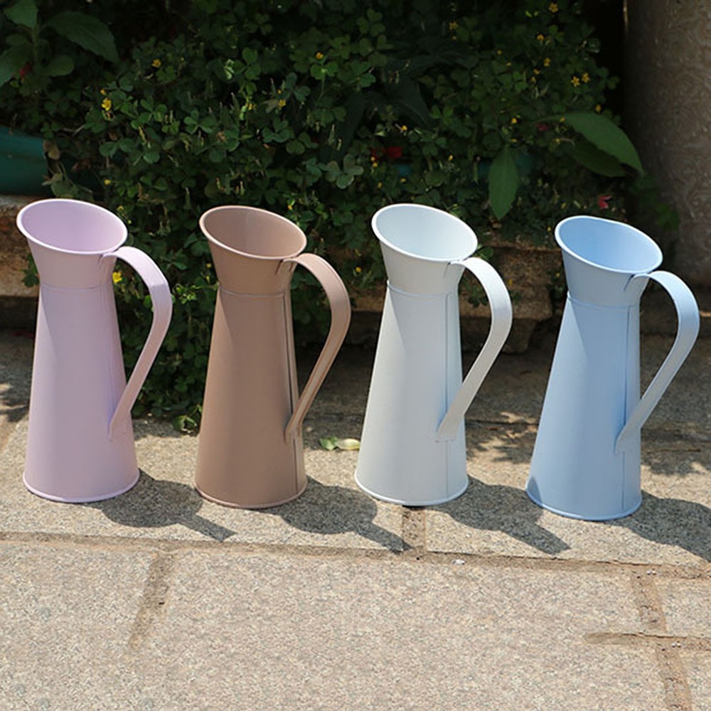 White Tin Coffee Pot Desktop Flower Vase 20cm High Table Decor