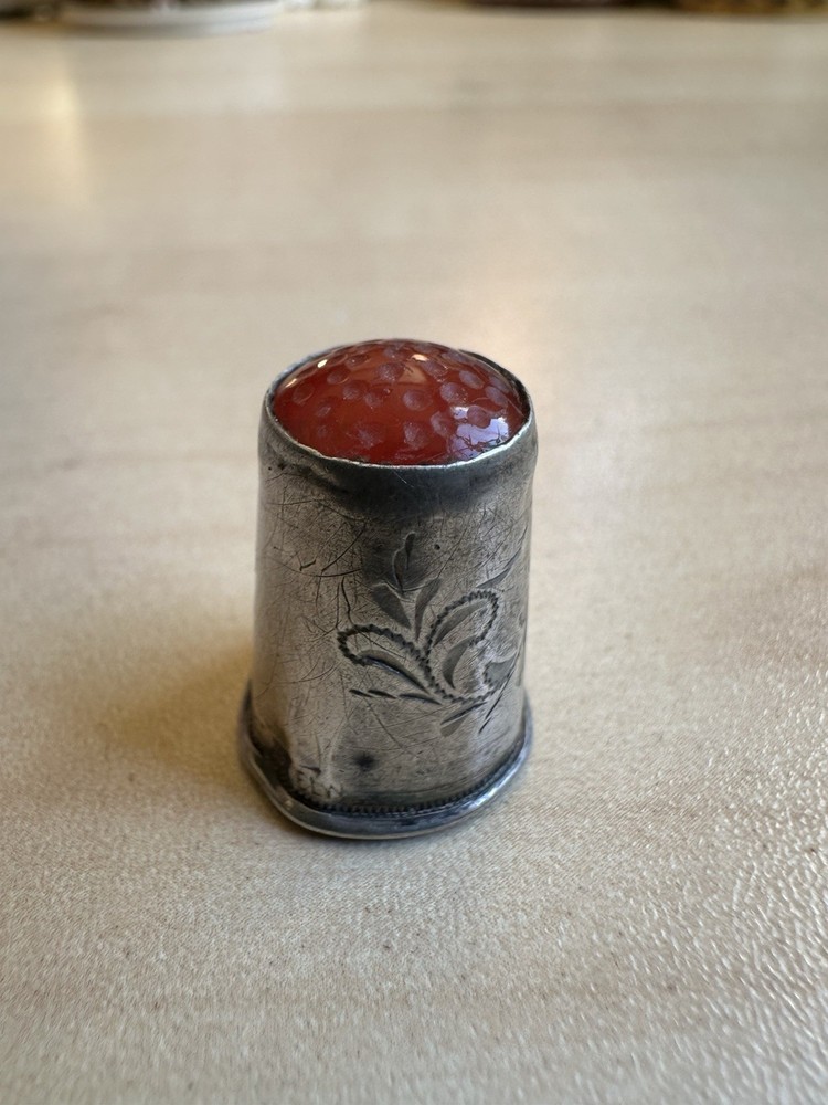 Antique Silver Thimble Carnelian Top Monogram MJ Victorian Sewing
