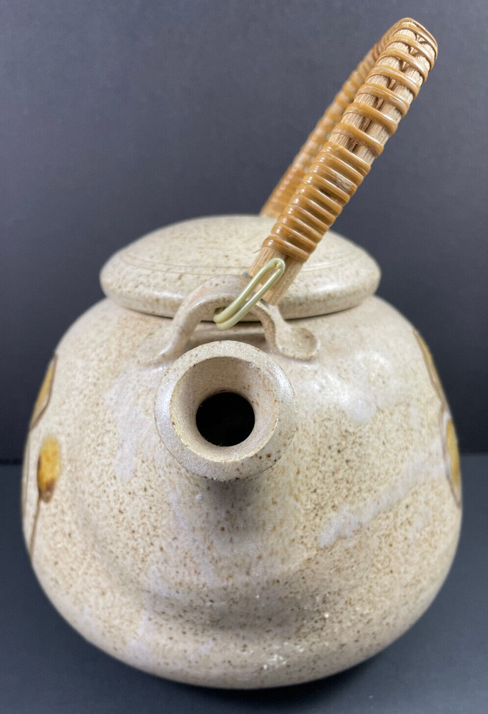 Floral Teapot w/ Bamboo Handle Studio Pottery Tan Brown Signed Rustic Handmade