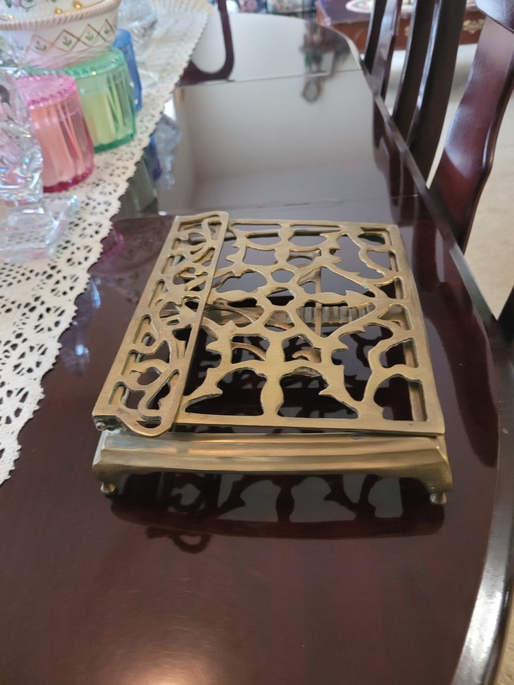 Vintage Ornate Brass Metal Book Stand, Adjustable & Foldable, Rectangular, 9"
