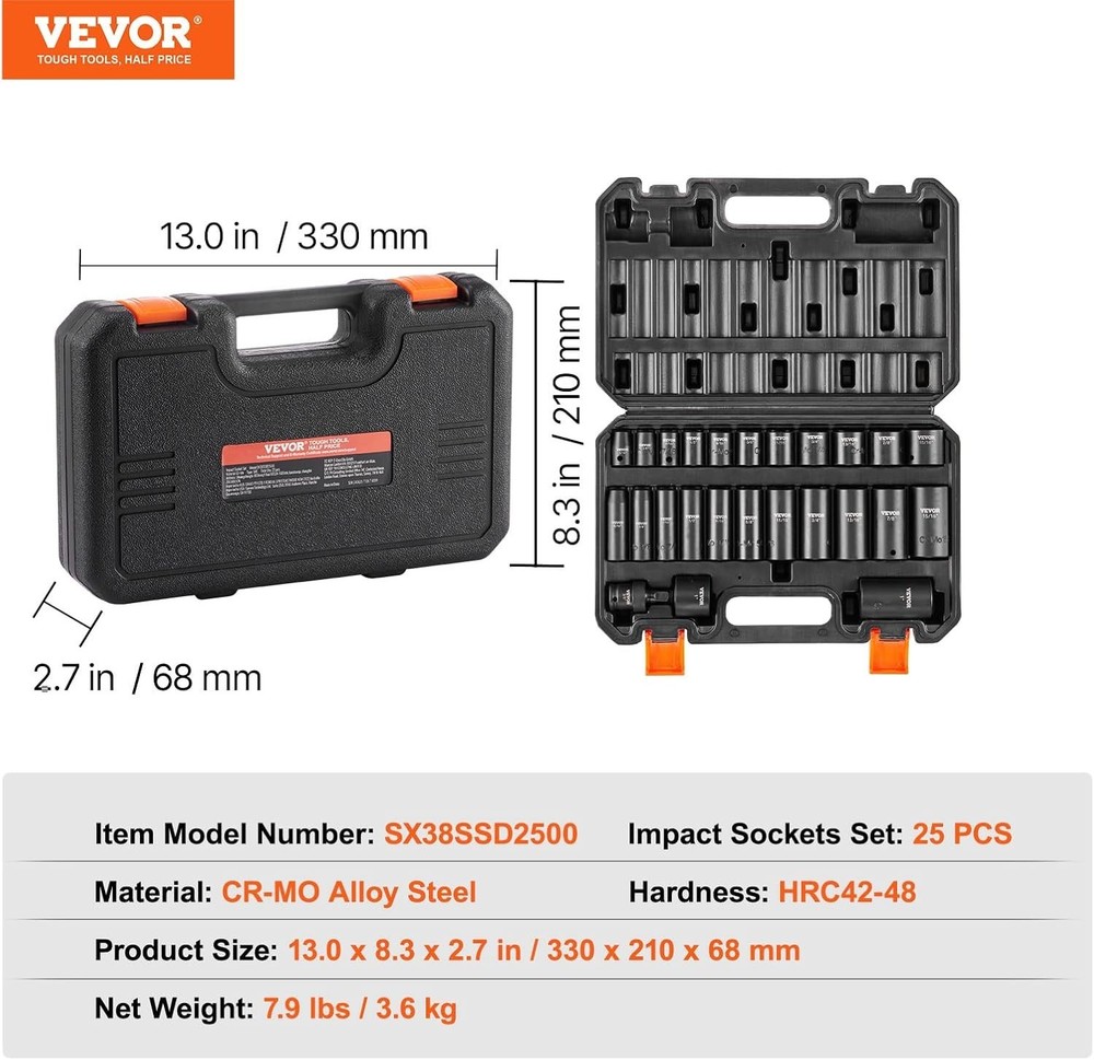 3/8" Drive Impact Socket Set, 25 Piece Deep & Shallow Socket Set SAE 5/16" - ...