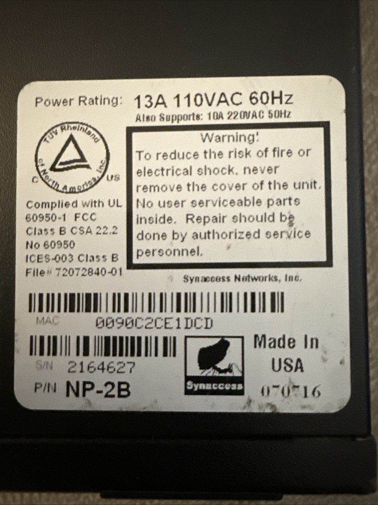 SYNACCESS NETBOOTER NP-02B BASIC SWITCHED PDU POWER DISTRIBUTION UNIT