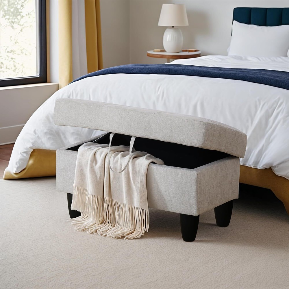 Ottoman Rectangular 28.5"x19"x17.5", Light Gray-flannel Square Pattern