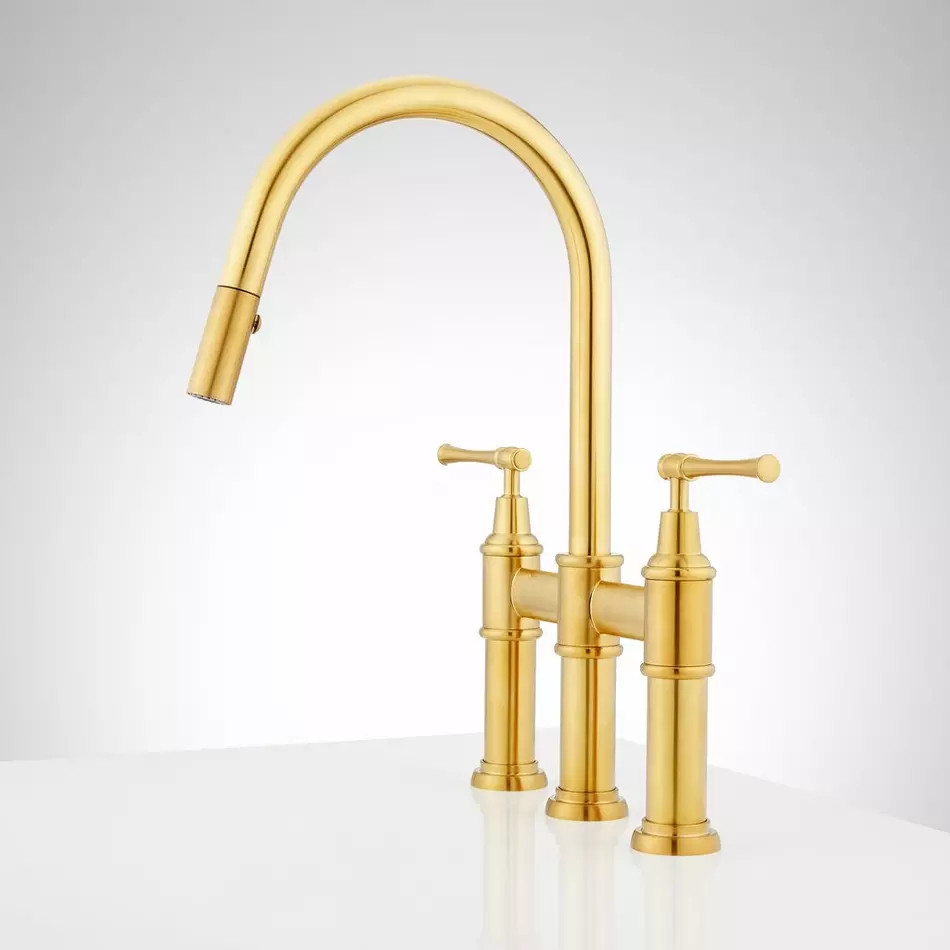 Signature Hardware Hurston Pull-Down Bridge Kitchen Faucet - Brushed Gold