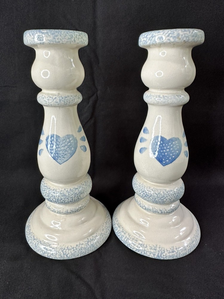 Hermitage Pottery Candlestick Set Blue Heart