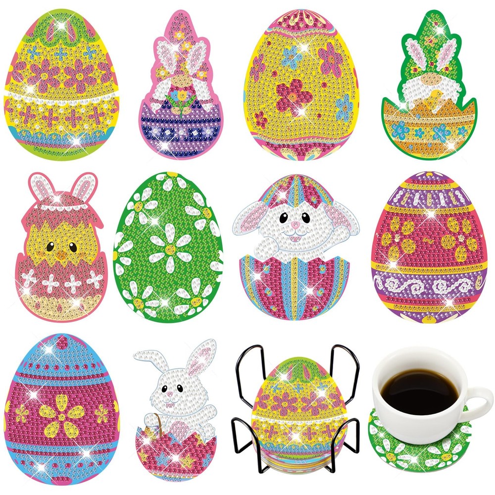 FairySandy 10 Pcs Easter Diamond Painting Coasters Egg Bunny Medium, As Shown