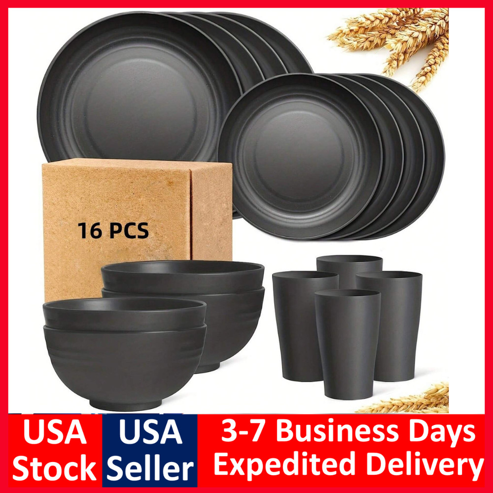 16/52 Piece Dinnerware Set, Kitchen Wheat Straw Dinnerware Set, Black, Serves 4