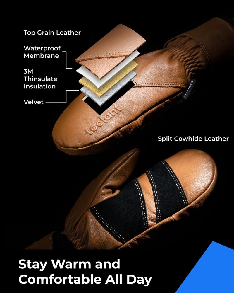 toolant Winter Leather Work Mittens - Warm Thinsulate, Top Grain Cowhide - Wa...