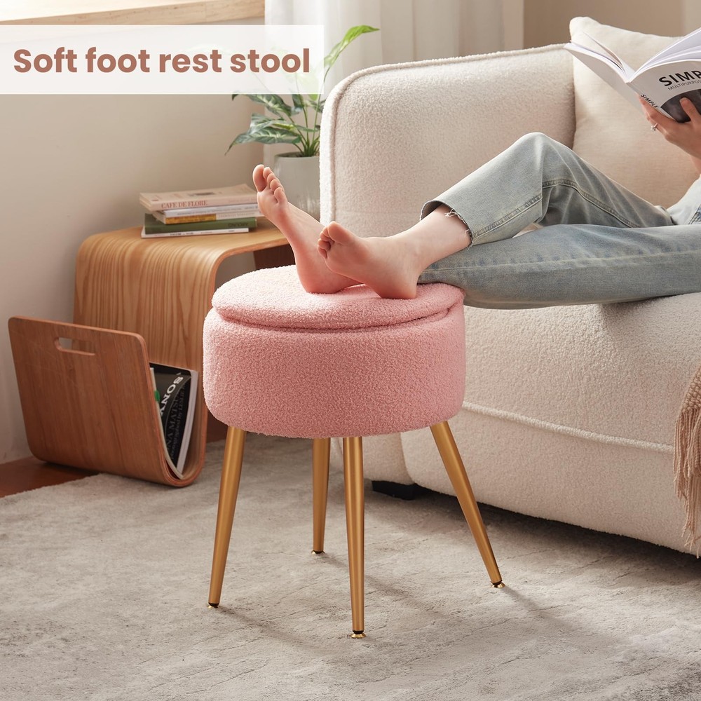 ZYKZYK Small Vanity Stool Chair with Storage and Folding Back,4 Metal Legs wi...