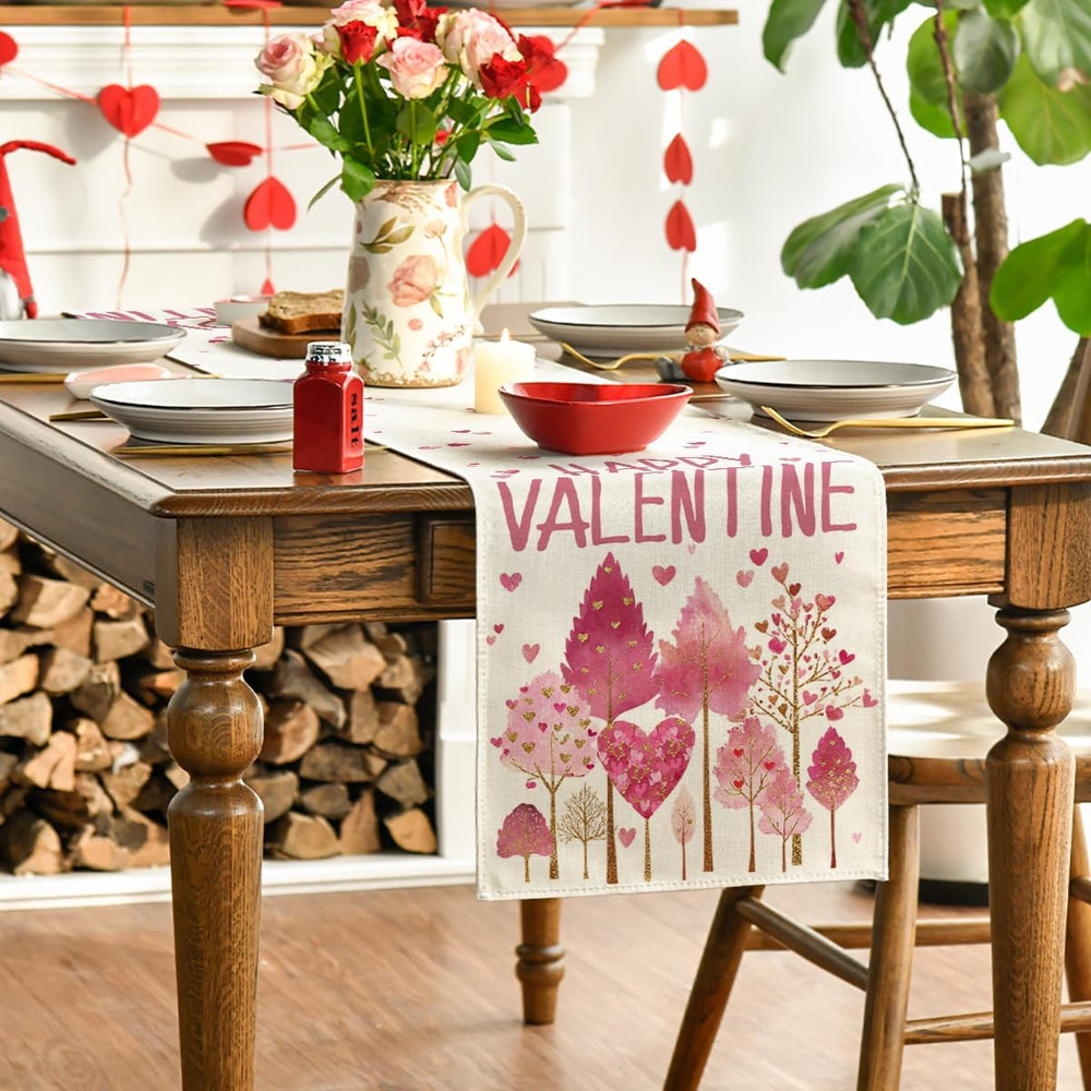 Heart-Shaped Tree 210 GSM Valentine'S Table Runner, Wedding Anniversary Kitchen
