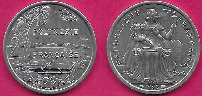 FRENCH POLYNESIA 2 FRANCS 1996 UNC WITH I.E.O.M,LIBERTY SITTING ON THRONE FACING