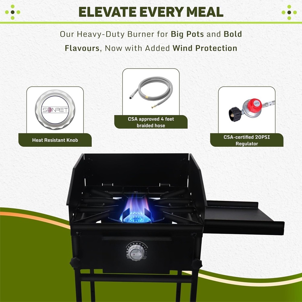 Single Burner Propane Stove - 1,30,000 BTU - with Side Shelf & Wind Panel