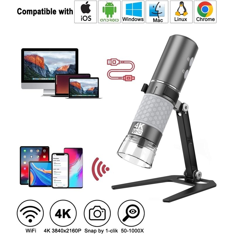 4K WiFi Digital Microscope 1000x Magnification LED Light Handheld USB Compatible