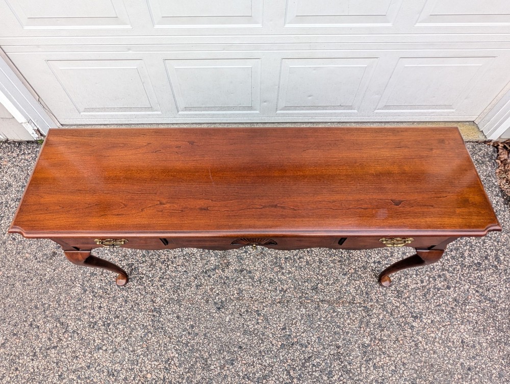 Vtg Thomasville Queen Anne Cherry Console Table, Brass Chippendale Pulls