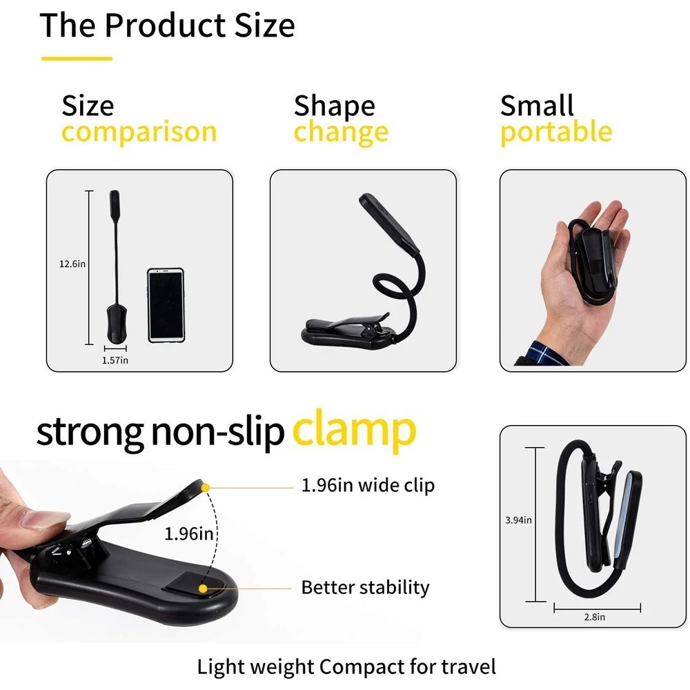 Flexible Rechargeable LED Book Light With 3 Light Modes Easy Clip Reading Lamp