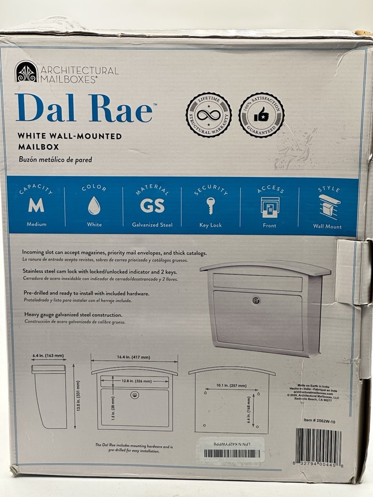 Dal Rae Architectural Mailbox Locking Wall Mount Mailbox 2562W-10 Front Access