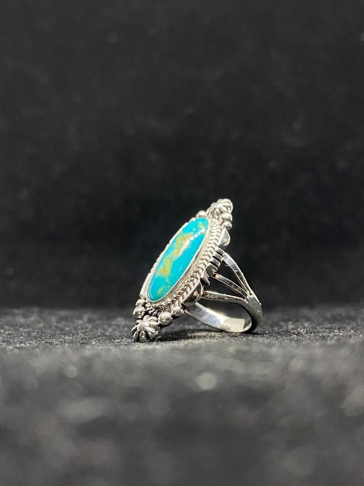 Native American Navajo fox turquoise Sterling Silver Ring Size 7.25 signed