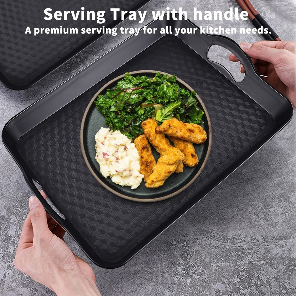 Plastic Tray with Handles, 2 Pack Multi-Purpose Rectangular Large, Black-a