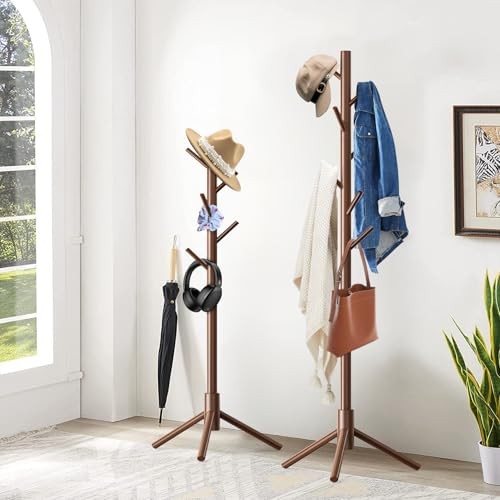 2 Pack Coat Rack, Solid Wood Coat Rack Freestanding with 8 Hooks & 3 Coffee