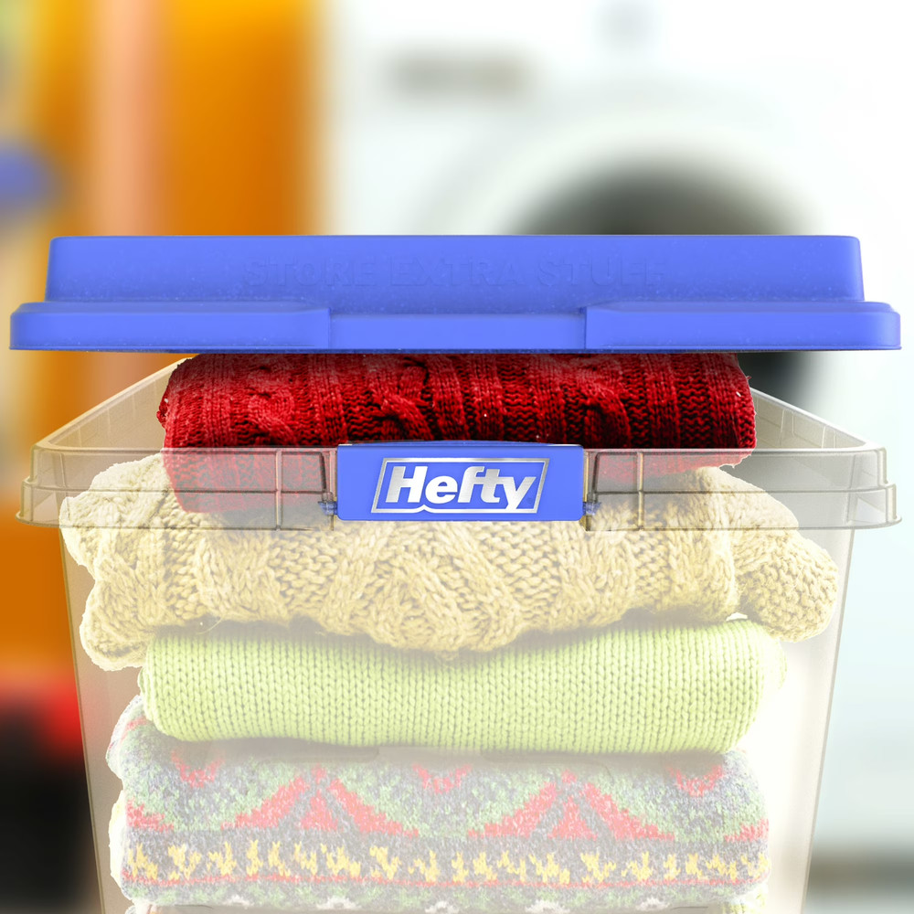 Hefty 72 Qt. Clear Plastic Storage Bin with Blue HI-RISE Lid, 6 Pack