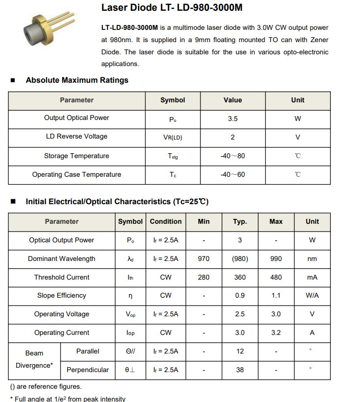 1PCS 980nm 3000mW Multimode Laser Diode Infrared LT-LD-980-3000M
