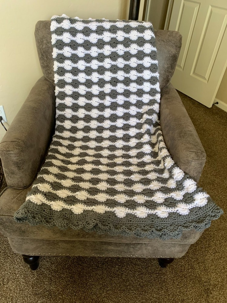 Handmade Home Crocheted Afghan - Wavy Gray and White