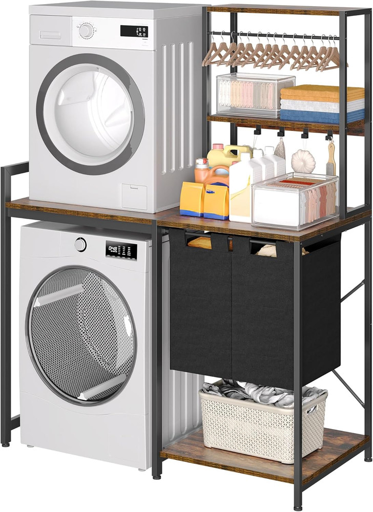 Retro Laundry Organization Shelves with Pull-Out Hamper & Heavy-Duty Countertop