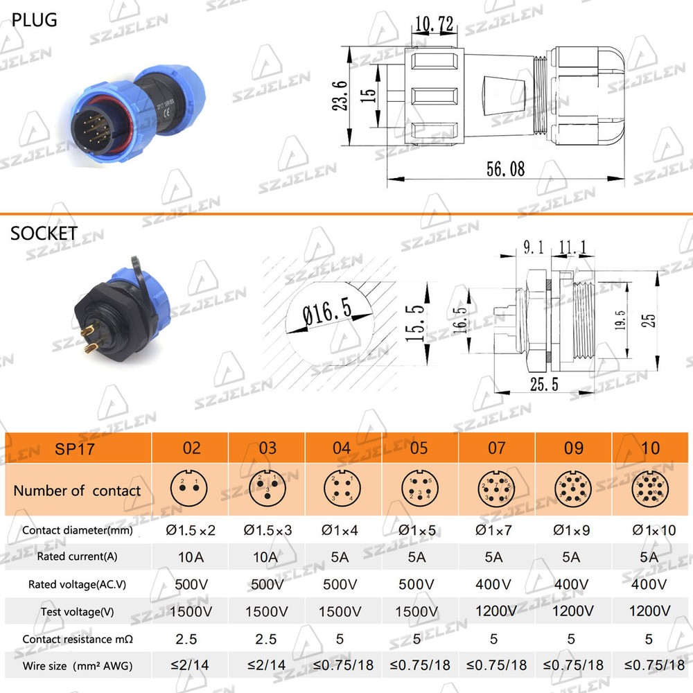 SP17 10Pin IP67 Waterproof Plug,Electrical Cable Wire Connector Plug Socket