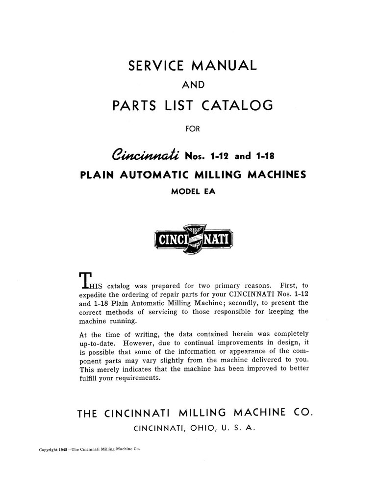 Cincinnati 1-12, 1-18 Plain Automatic Milling Machine Service -Part Manual #1033