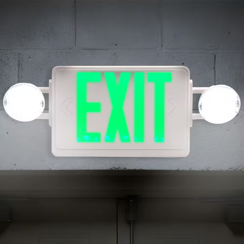 Modern LED Exit and Emergency Combo Light, 2 Adjustable Heads with Green Letters