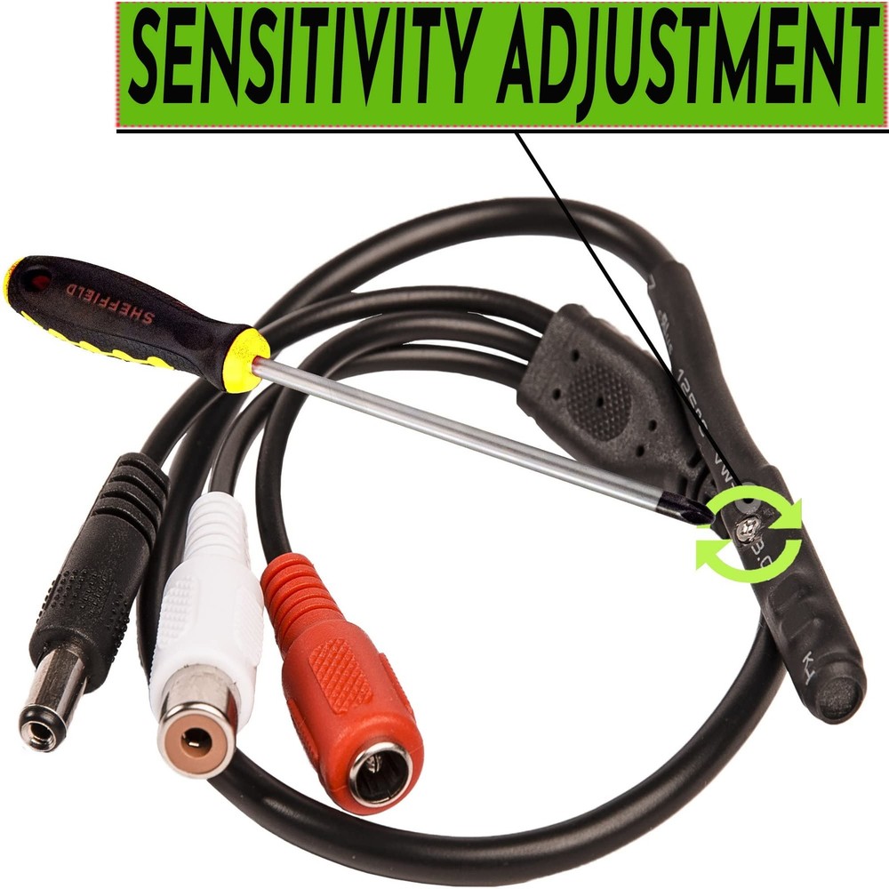 CCTV Microphone with Preamp RCA Audio Out 12V DC — Adjustable Gain — for DVR/...