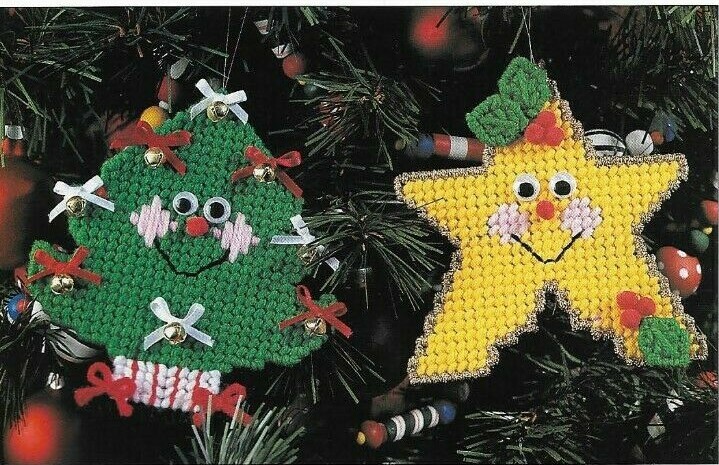 HAPPY ORNAMENTS STAR & TREE CHRISTMAS PLASTIC CANVAS PATTERN INSTRUCTIONS