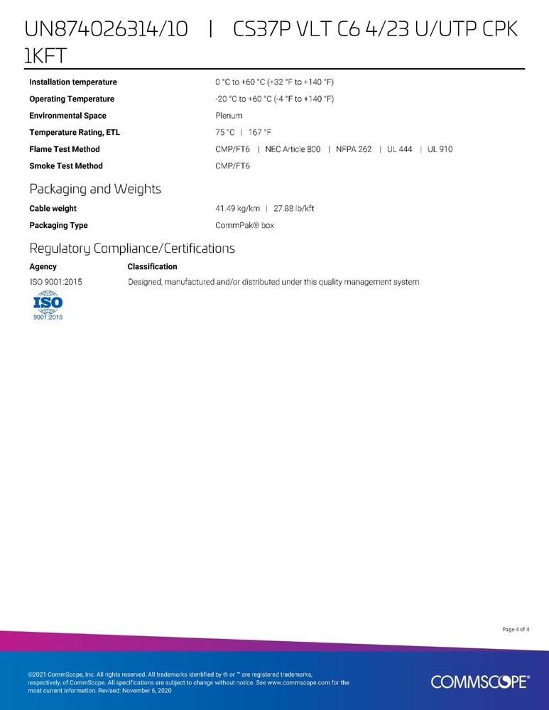 Commscope CS37P 23/4P Cat6 U/UTP WebTrak Plenum Network Cable CMP Violet /100ft