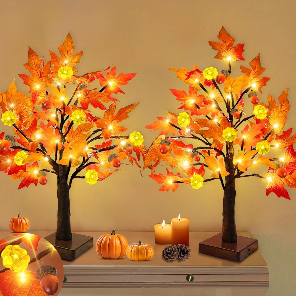 TURNMEON Thanksgiving Decorations 2 Pack 18 Inch Prelit Fall Maple Tree Fall Dec