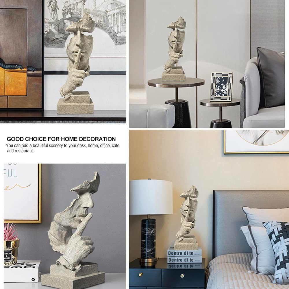 Sandstone Thinker Statue - "Silence is Gold" Modern Abstract Resin Sculpture